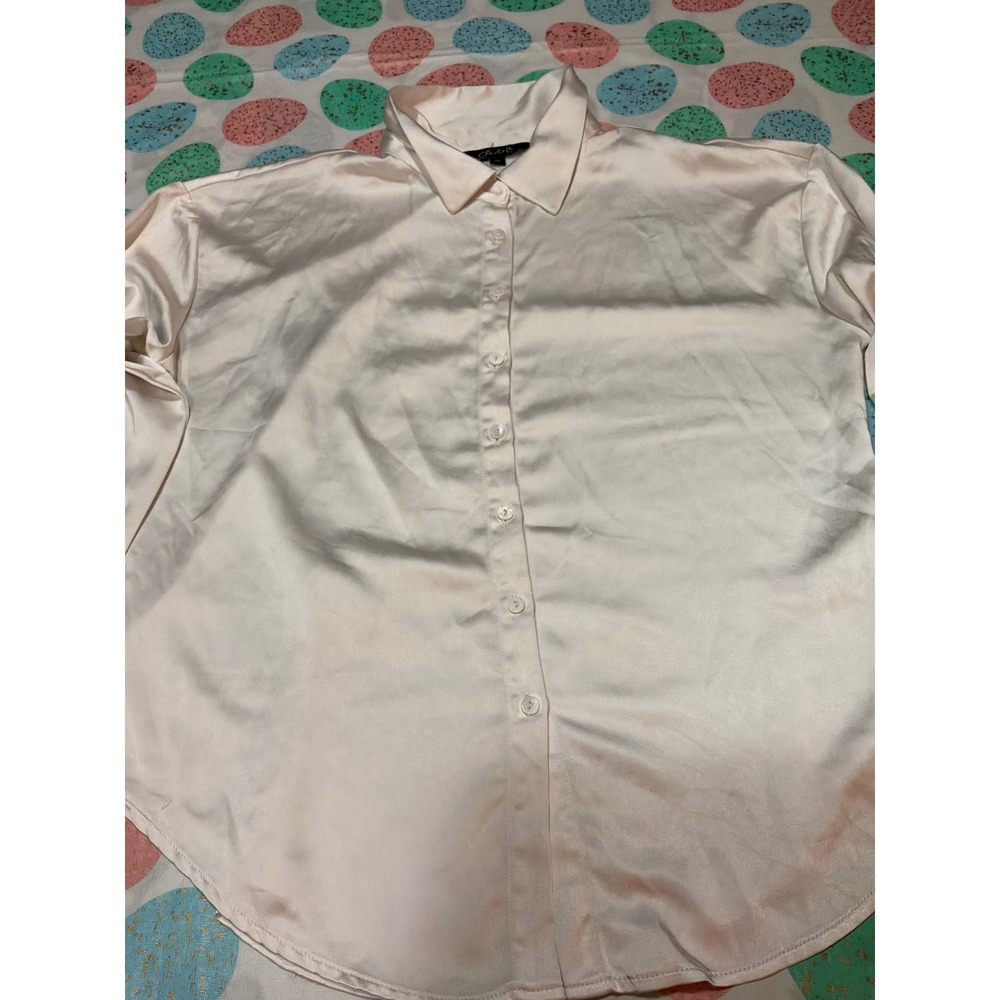 Charlie B Womens Satin Button Up Blouse Champagne Long Sleeve Shirt Size L